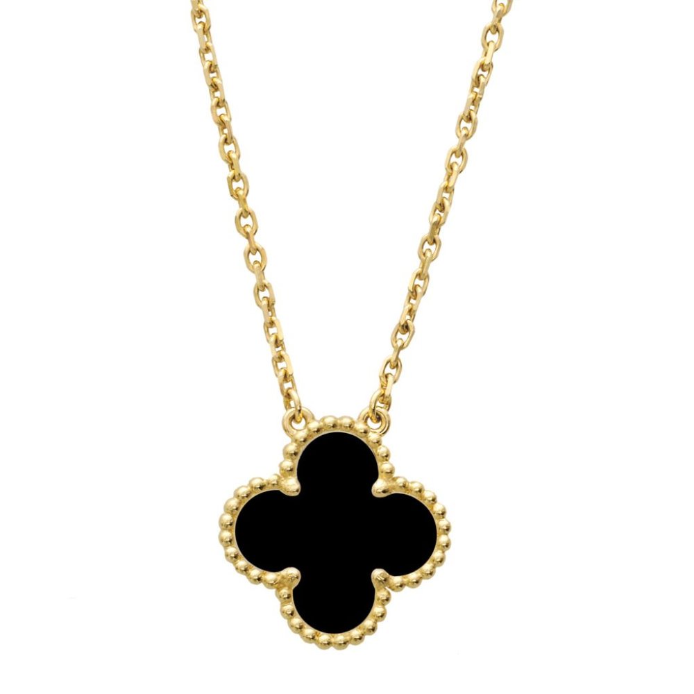 14 KT GOLD AND BLACK ONYX CLOVER NECKLACE